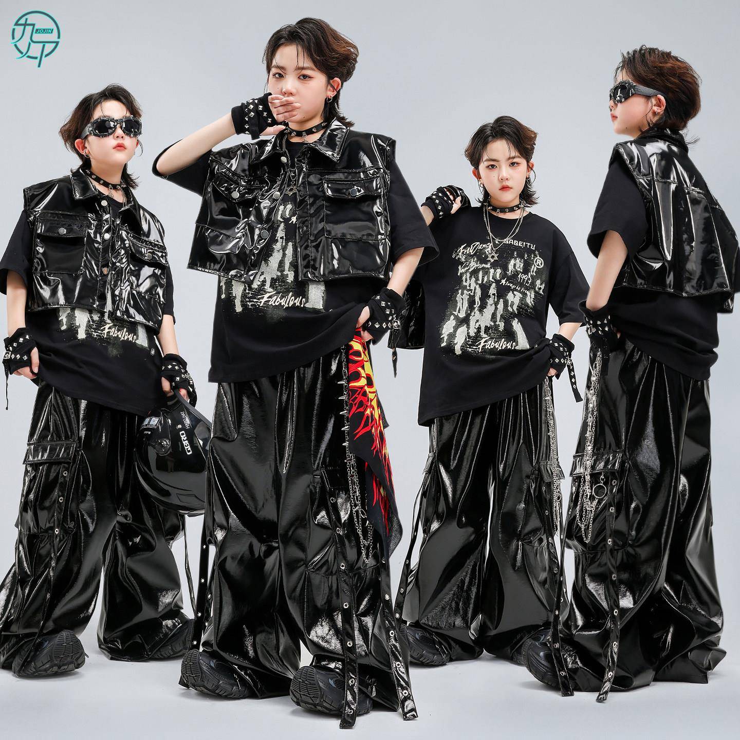 儿童嘻哈街舞潮服男女童酷炫皮背心走秀服hiphop架子鼓舞台演出服图片