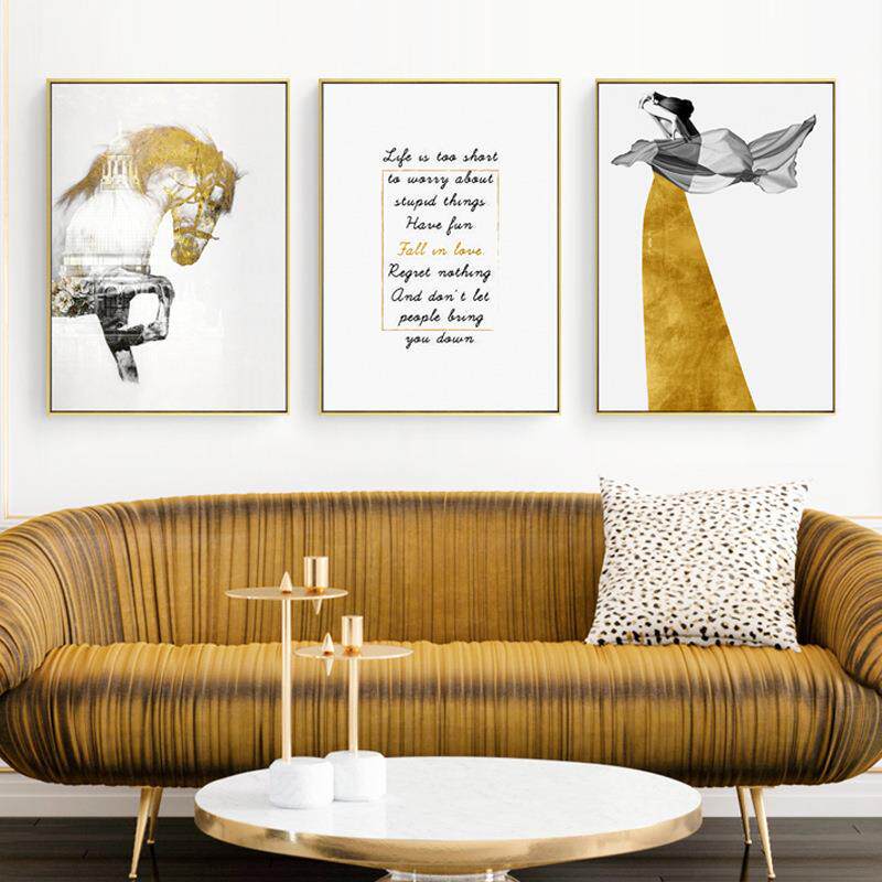 流现金年岁画简画约美式轻奢装饰代无品牌/客厅挂画金色创意马人