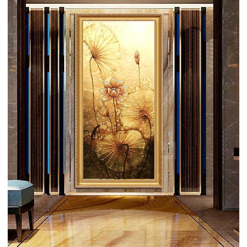 玄关装饰画东南亚油画抽象手绘中式荷花走廊过道挂画泰式风格壁图片