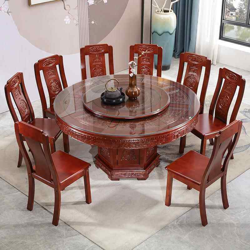 中式实木餐桌椅组合家用带转盘大圆桌全1酒圆店形10人橡木雕花饭