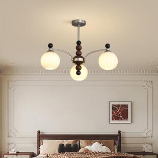 餐厅灯 新中式 法式 魔豆灯复古白蜡木实木中古吊灯客厅卧室主灯美式