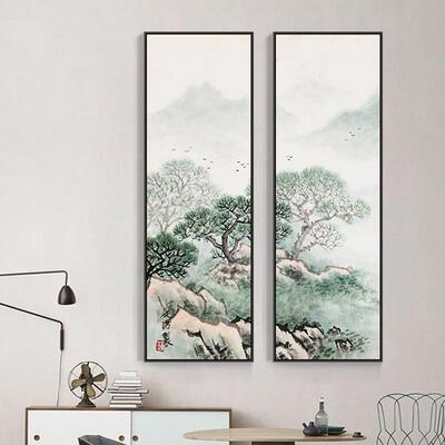 新古中式山水画茶装饰画复水墨画百青松中年式室挂画AXL-487客厅