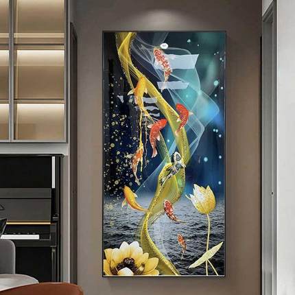 玄关过道装入饰HS-09040画烤瓷镶钻带le灯光挂画九鱼图走廊新户墙