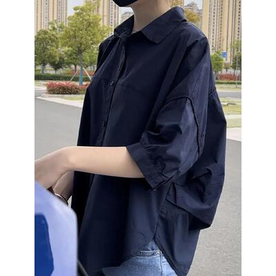 法国Rouje tusse中袖衬衫女轻熟风宽松五分袖v领衬衫短袖休闲衬衣