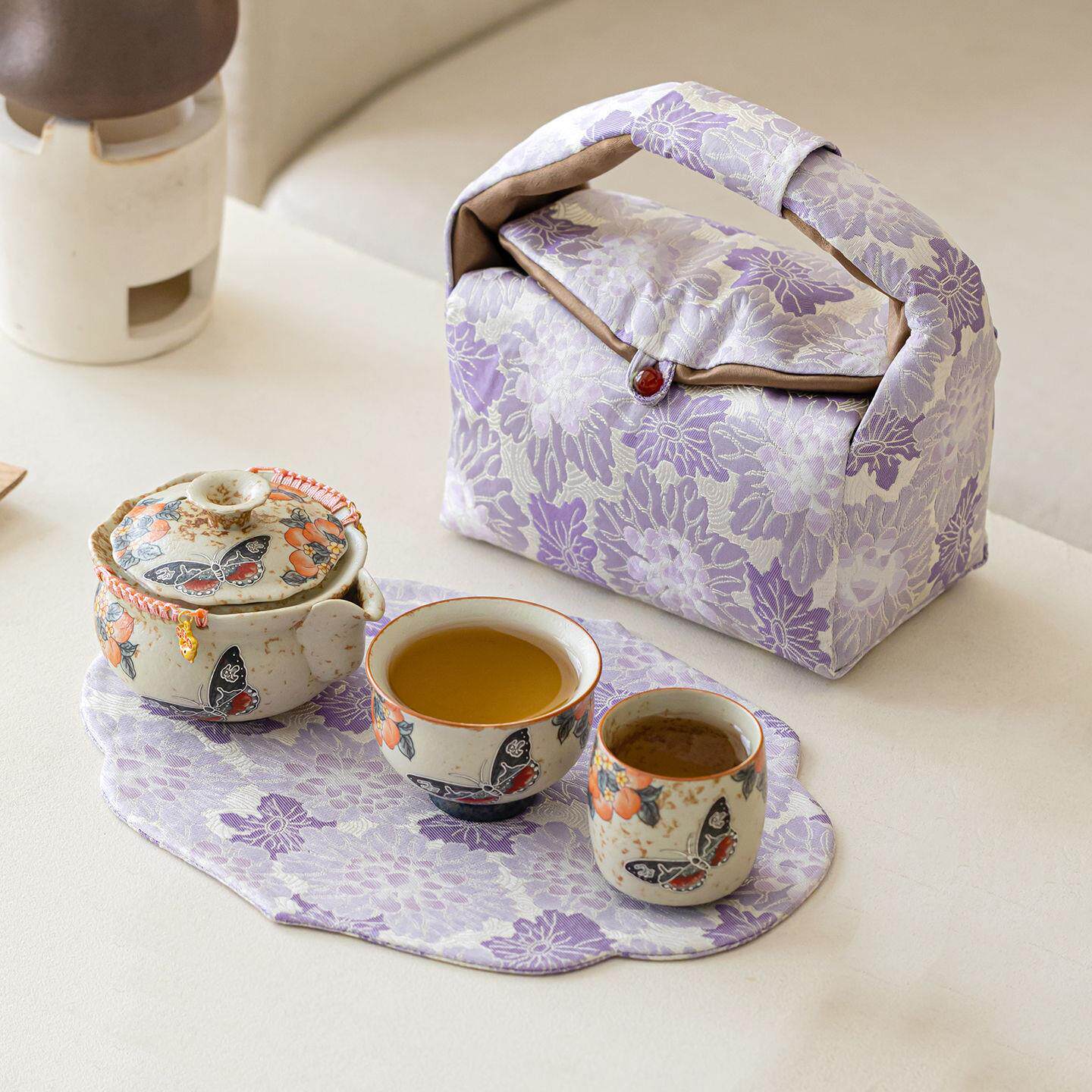 青花25JS11-4火石红瓷便携式行茶陶具套装旅绯蝶舞高档户外桃泡茶