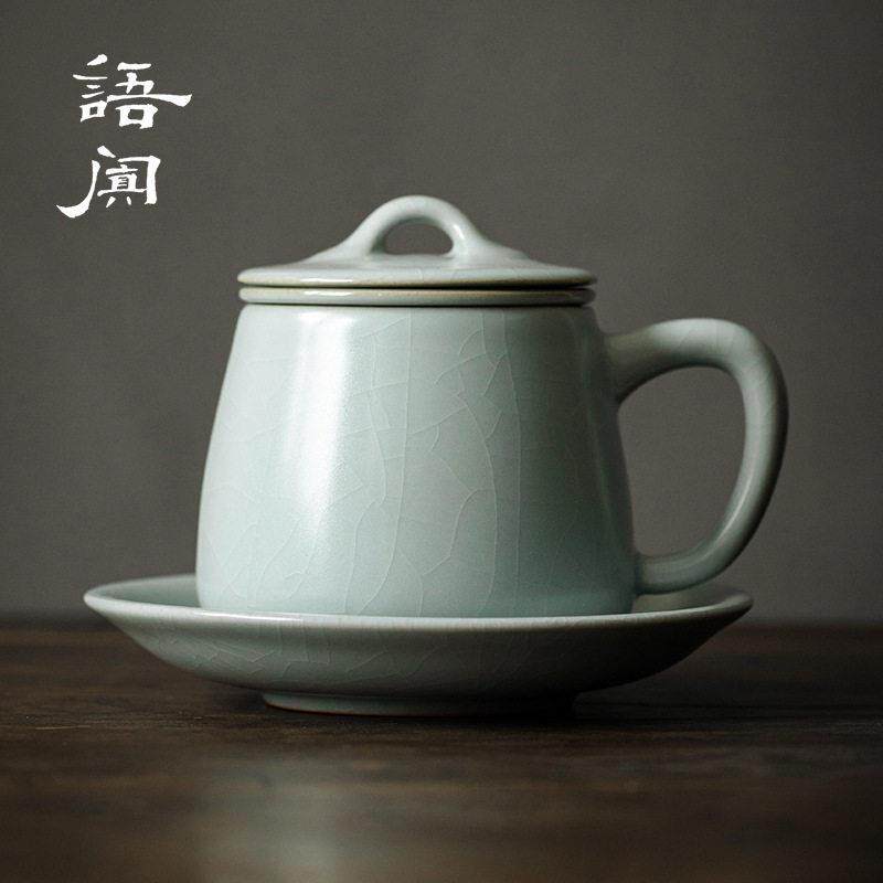 台湾丰子天青汝窑茶杯汝瓷大容量带盖水杯茶水分离杯子个人公室