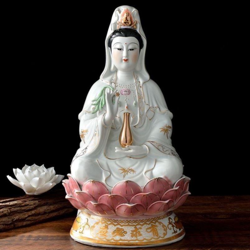 陶瓷坐莲观音佛像摆件描金古莲南海观世音菩萨家用观音菩萨佛像
