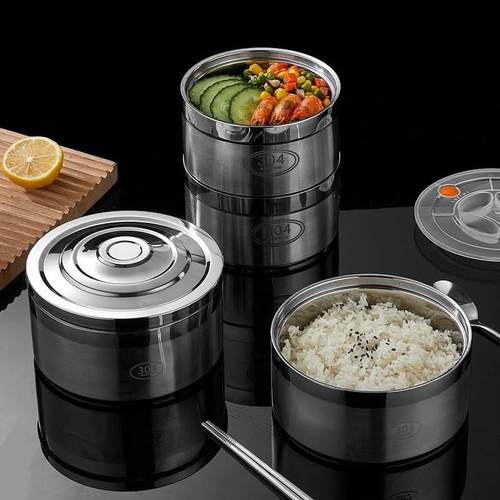 饭盒304不锈钢便当盒圆形三层保温桶提锅大容量饭桶多层学生食格
