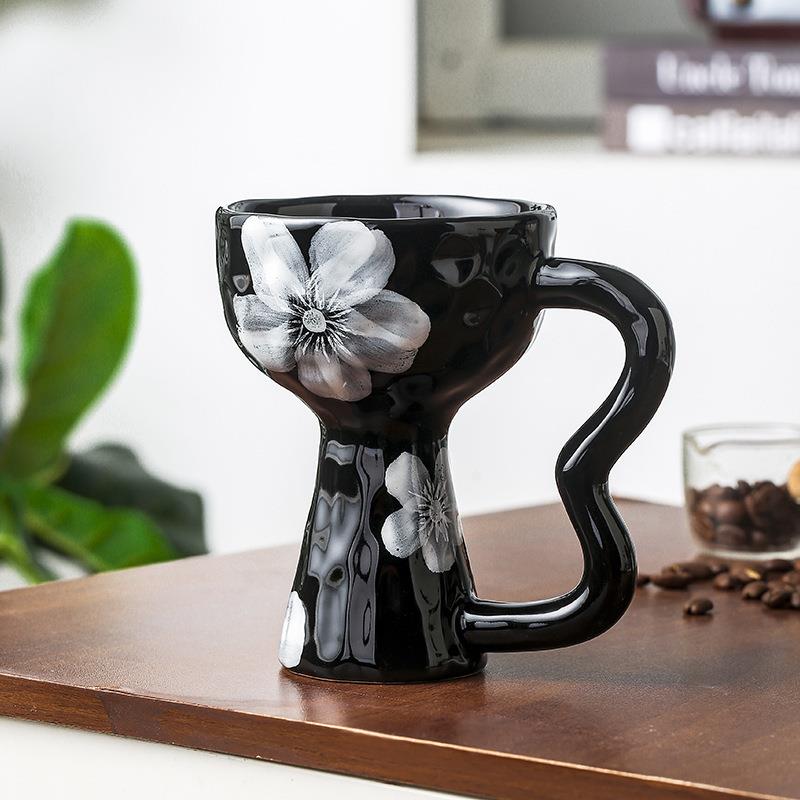 长弘复古风高脚杯办公室咖啡杯陶瓷高颜值手工创意家用甜品雪糕杯