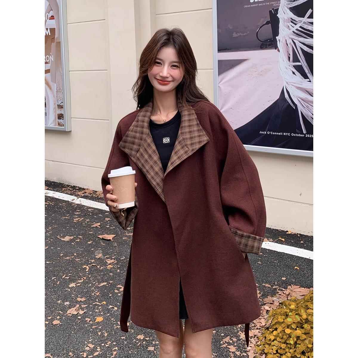 安可拉红毛呢大衣冬季女2024新款高级感格纹拼接宽松中长款呢外套