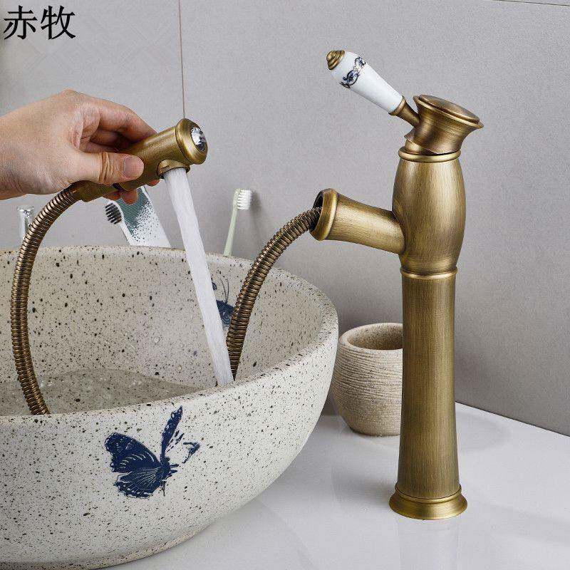 全铜抽拉式水龙头冷热仿古欧式面盆台上盆洗脸盆黑色复古伸缩龙头