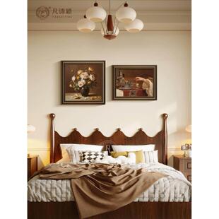 花卉油画中古风卧室装饰画床头挂画法式复古风客厅壁画横版二联画