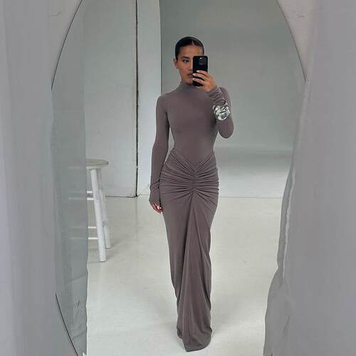 Elegant Long Dress, High Neck Long Sleeve, Waist Pleated,