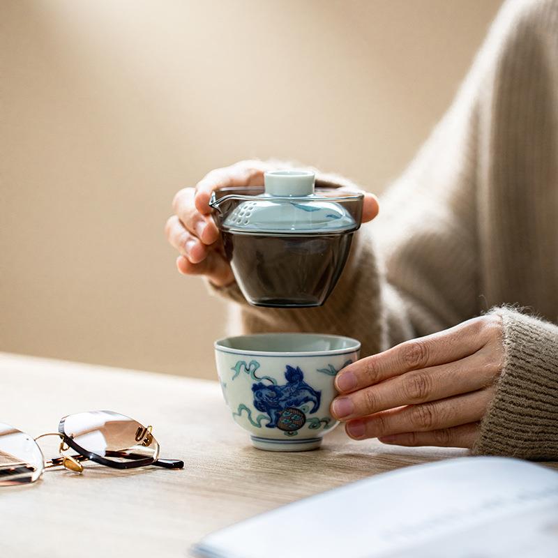 仿古青花陶瓷一壶一杯手抓壶快客杯户外便携旅行茶具一人饮小套装