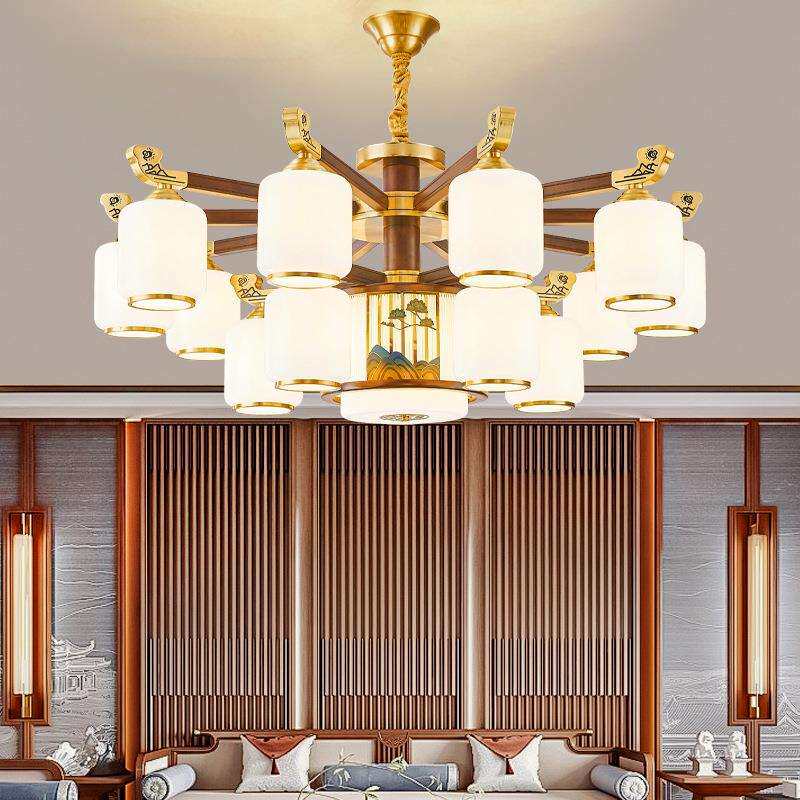 新中式全铜吊顶别墅大气餐厅卧室实木客厅灯2026年新款头朝下灯具