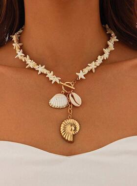 Beach Style Beaded Shell Starfish Pendant Necklace Women