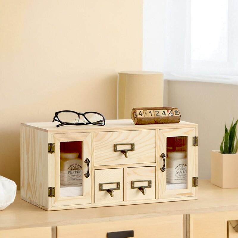 创意桌面实木抽屉式收纳柜带门办公室书桌上木质收纳盒杂物置物架