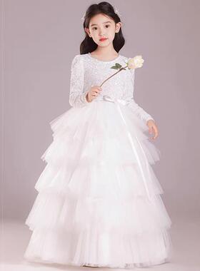 女童晚礼服白色中袖儿童生日花童婚礼小女孩高端钢琴演奏公主裙新