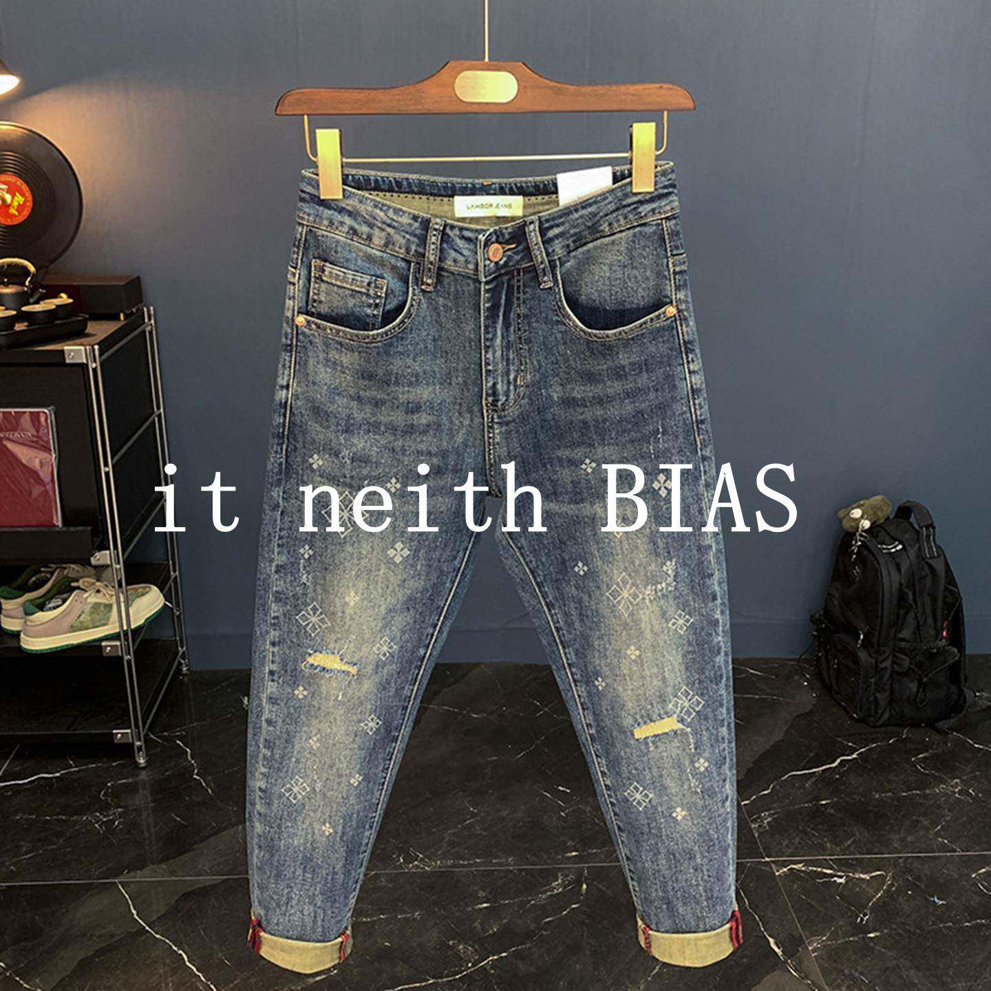 it neith BIAS春秋款男士牛仔裤修身小脚高端弹力印花破洞九分裤