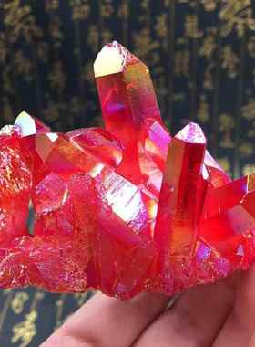 天然电镀七彩虹红水晶簇水晶柱红色水晶晶簇直销