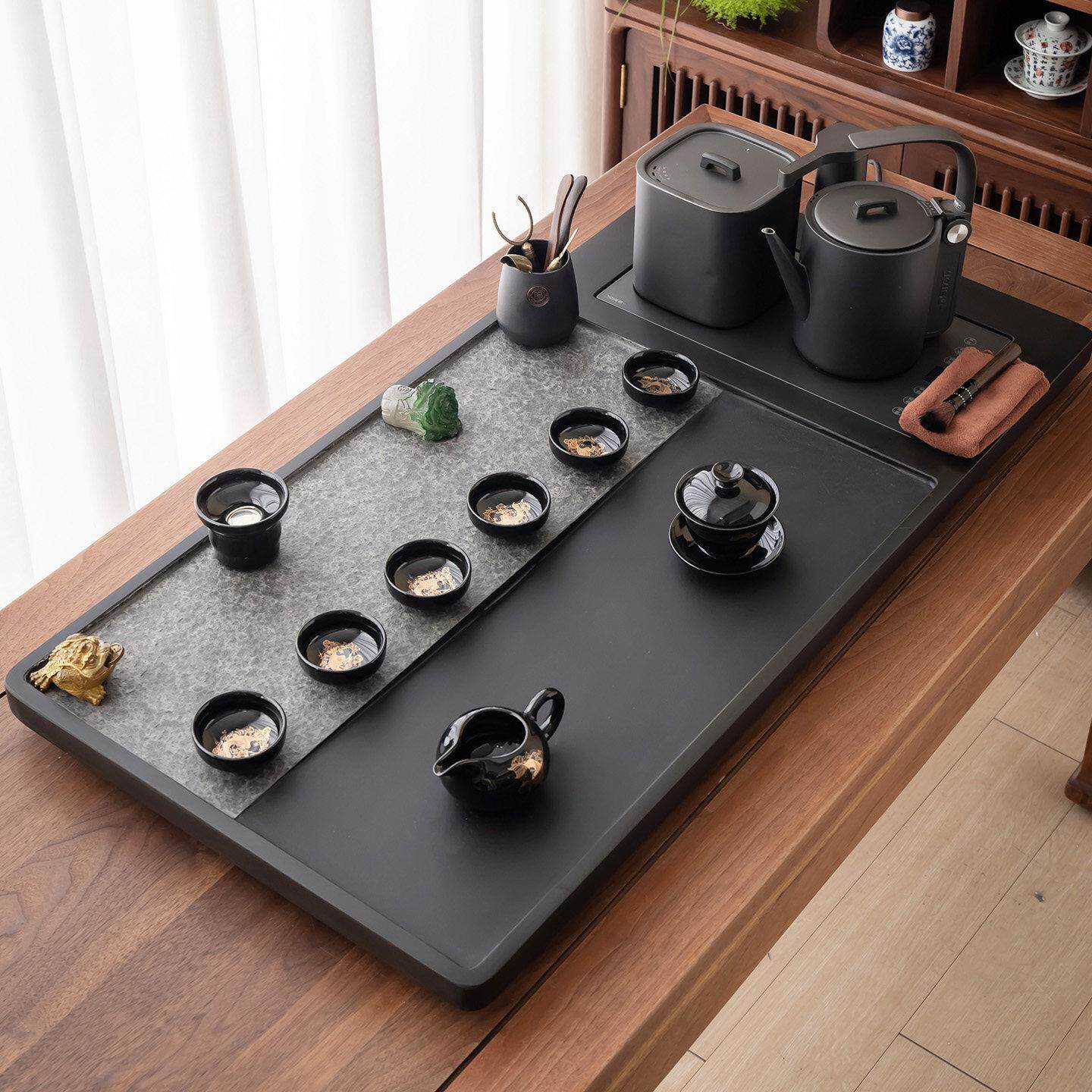 天然乌金石茶盘家用套装整块全自动一体带电磁炉石头茶台功夫茶具