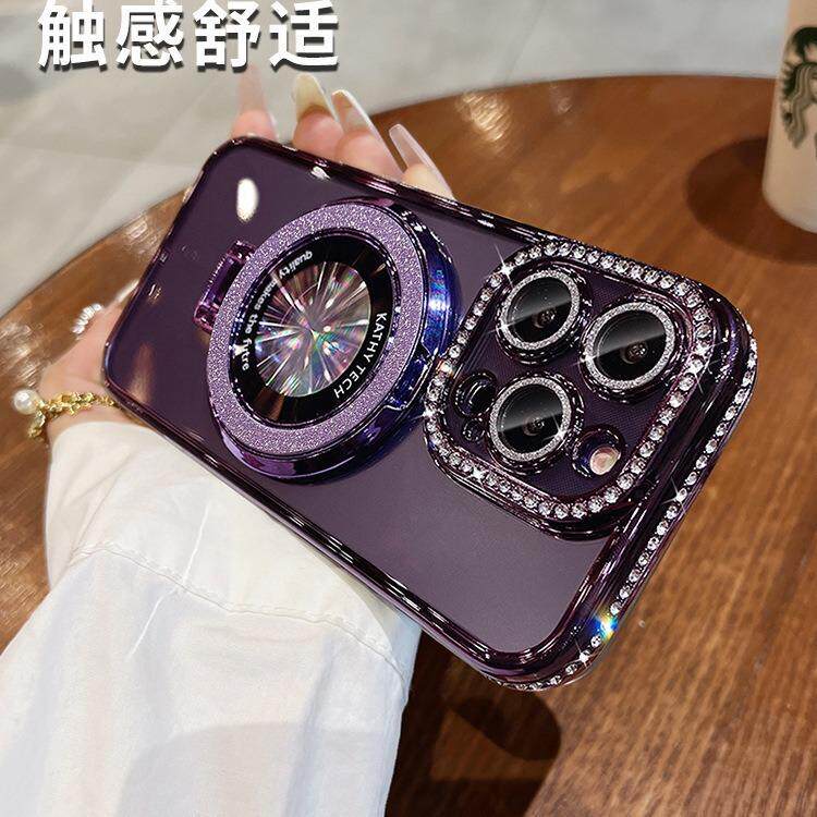 用磁无品牌/吸支架适苹果17oprmax手机壳iphone1镜4电镀水钻自带闪粉头膜