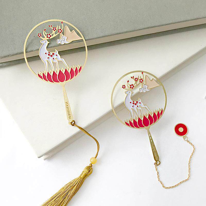 新款直销中国风古典团扇书签金属烤漆创意纪念小礼品传统古风刻字