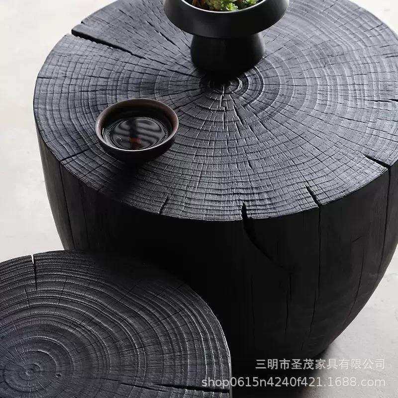 诧风炭烧桩黑色木ZOQ墩茶几原木碳客厅沙发实木边化几寂创意树圆
