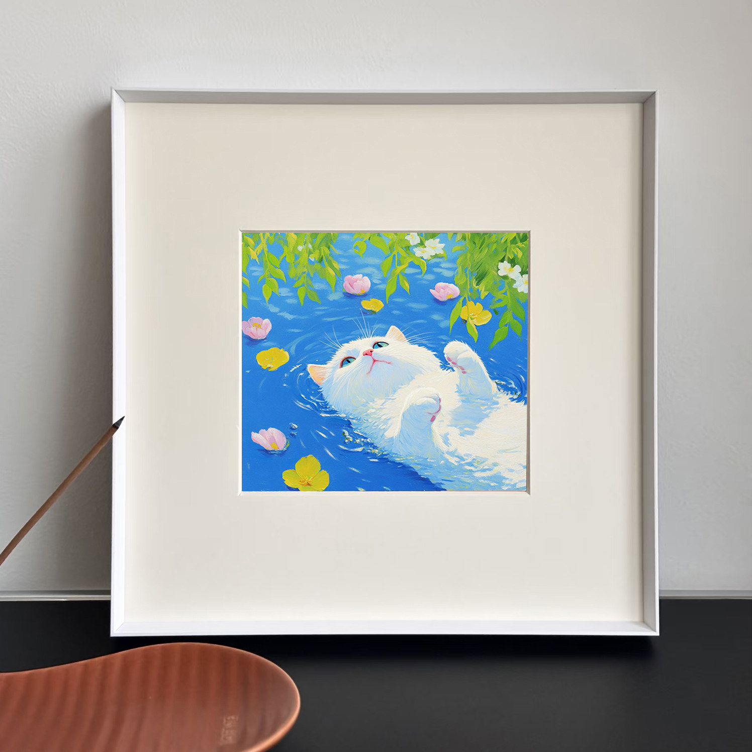 《仰泳的小猫》客厅装饰画版画小版画