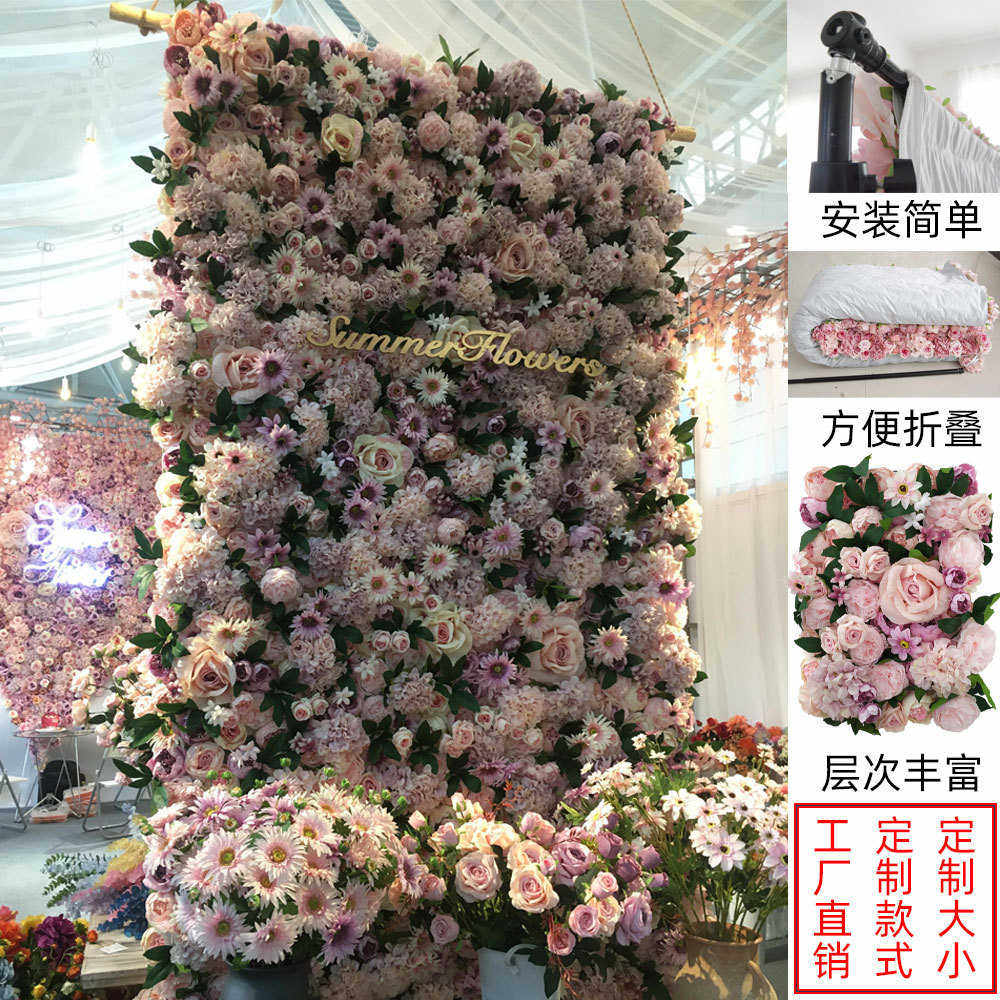 夏花仿真花玫瑰花墙网红背景墙布款绢花墙门店装饰布底森系花墙