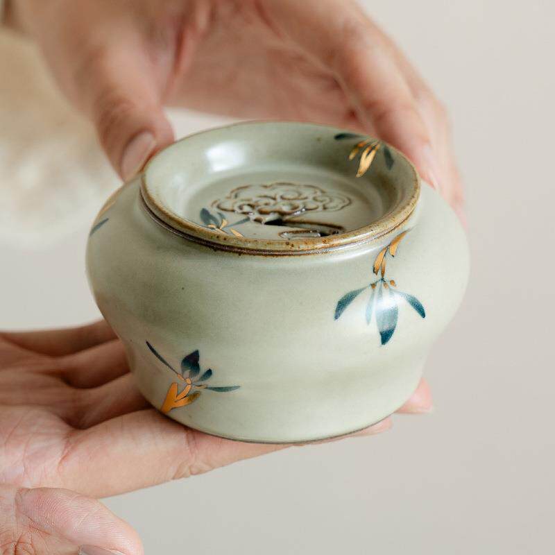 仿古窑变带盖建水纯手绘蝴蝶兰花水盂家用中式桌面陶瓷茶渣缸