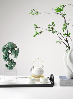 新中式绿色太湖石摆件铁艺托盘展示架软装书房酒柜酒店客厅隔断饰