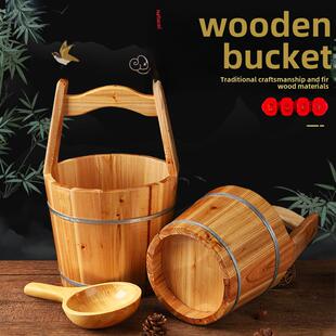 木质提水桶足浴中药桶小木桶桑拿温泉木提桶拎水桶木勺瓢影视道具