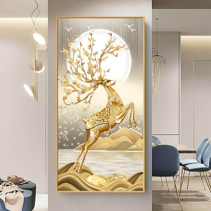 生财有鹿入户玄关装饰画轻奢风客厅走廊挂画麋鹿正对门过道壁画
