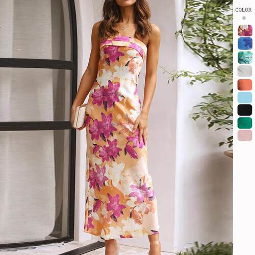 Satin backless strapless dress print