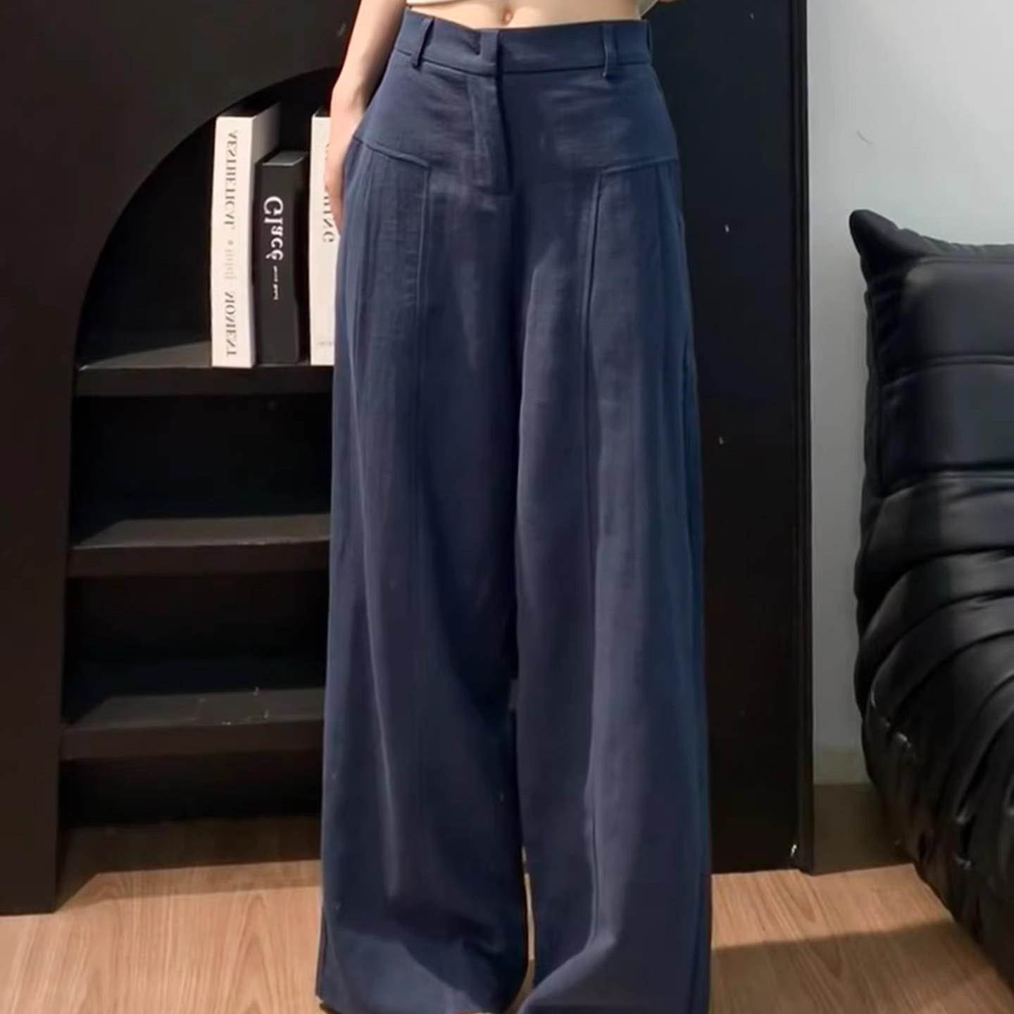 藏青色亚麻苎麻阔腿裤女夏季薄款高腰老钱风西装直筒棉麻休闲裤子