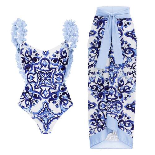 One piece swimsuit with backless decal, blue and white