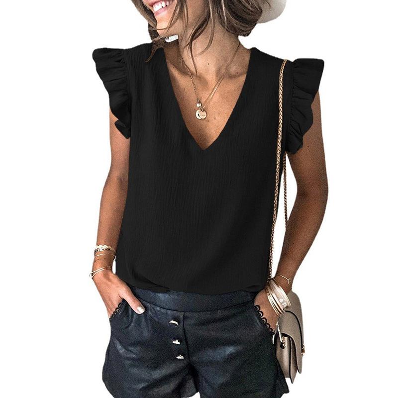 Womens casual T-shirt solid color V-neck pullover ruffle