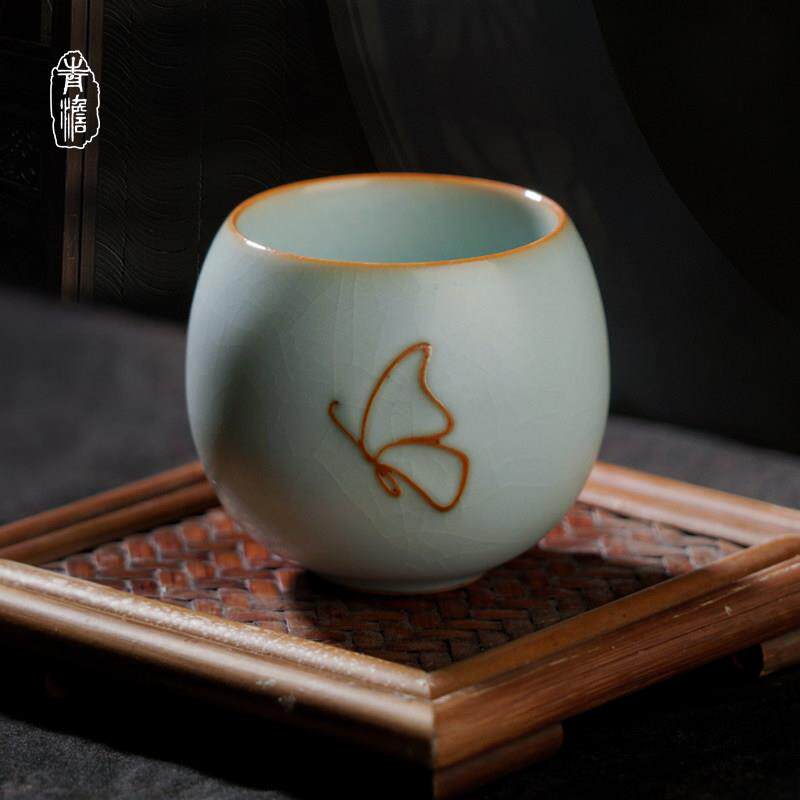 汝窑功夫小茶杯陶瓷单祇景德镇汝瓷品茗主人杯冰裂釉开 片可养青