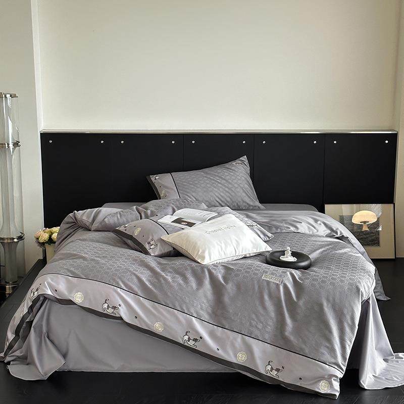 轻奢高级灰100s澳棉提花四件套高级刺绣纯棉被套床单款亲肤裸睡