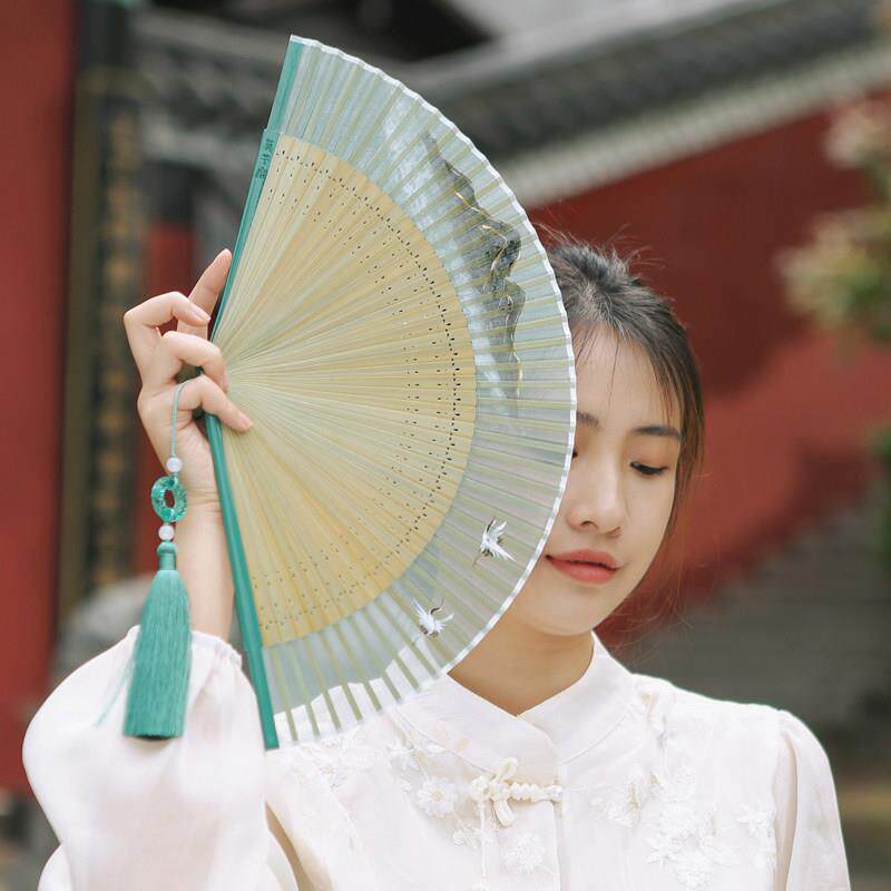 莫干扇 原创扇子折扇中国风手绘山水仙鹤真丝扇新中式文创礼物