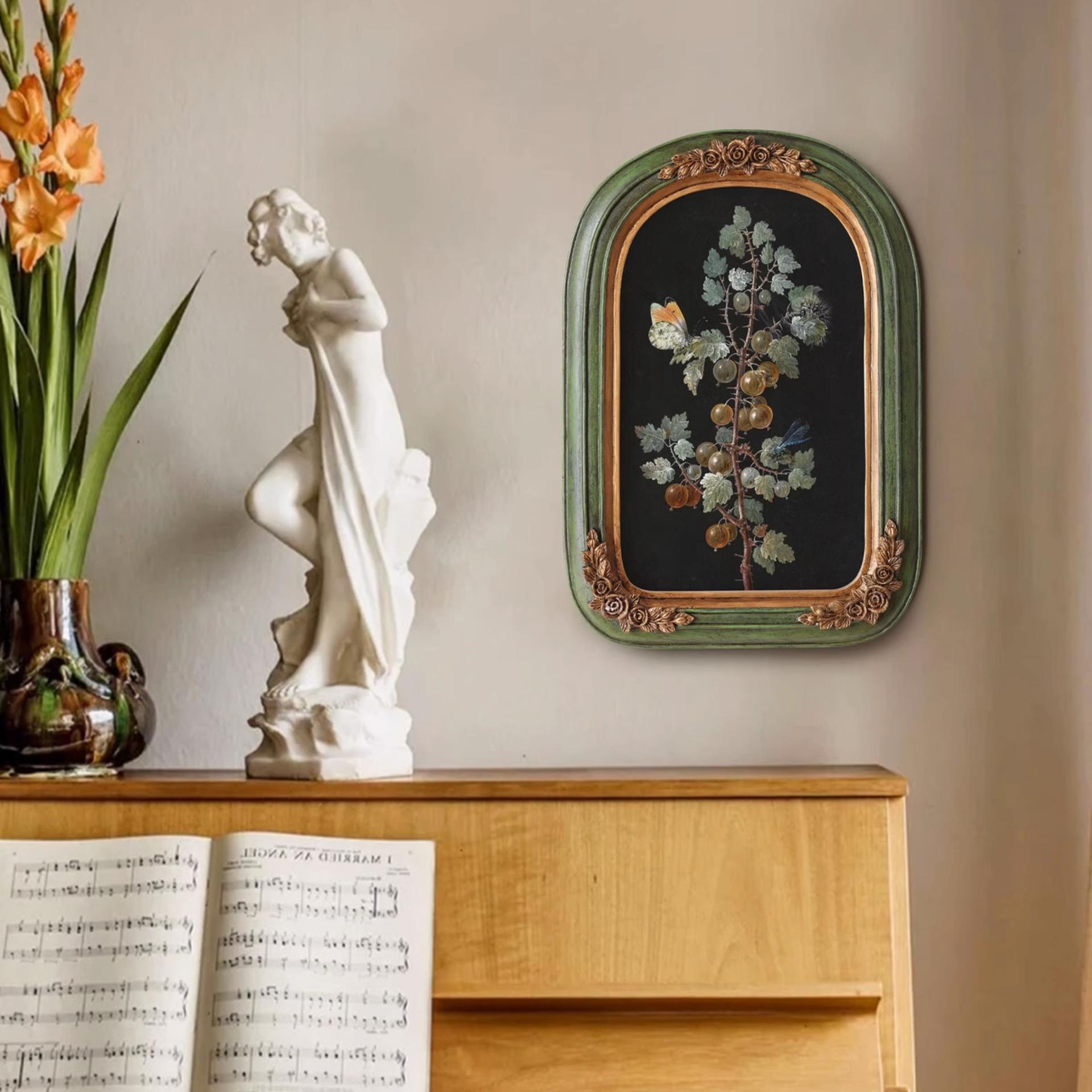 中古小众古典复古怀旧装饰画法式植物花卉拱形框美式挂画餐厅房间图片