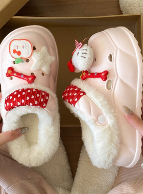 红色绑带包根拖鞋懒人两穿棉拖鞋2025秋冬季新款爱苹果洞洞鞋女