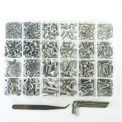 880pcs M2 M3 M4 M5不锈钢304 杯头内六角螺丝配螺母平垫镊子扳手