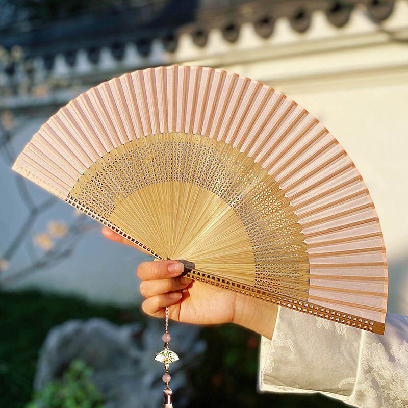 新中式古风折扇粉色扇子夏天竹扇折叠便携汉服旗袍扇晨袍拍照道具