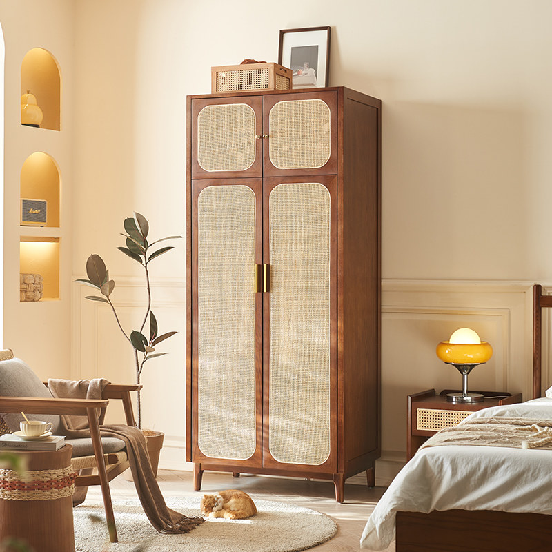 北欧实木衣柜家用复古卧室收纳储物柜现代简约小户型藤编双门衣橱