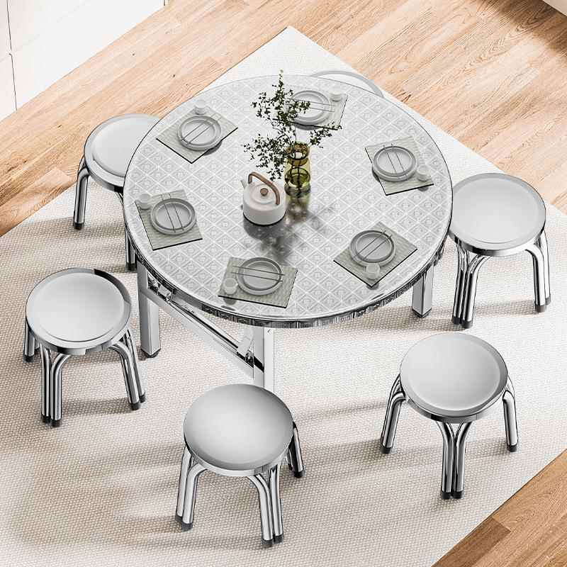 304特厚不锈钢折叠圆桌野外出租房食堂便捷桌学习一体写作专用桌