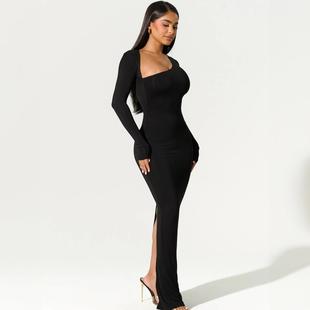 sleeve hot slit girl dress oblique sexy fit collar slim