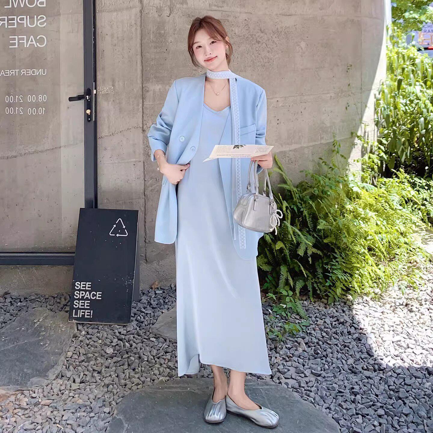 法国Rouje Moaks高级感真丝西装两件套连衣裙春夏季垂感显瘦长裙