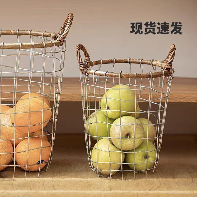 家庭杂物收纳神器复古铁艺收纳筐藤条铁丝编织储物筐简约网格手提